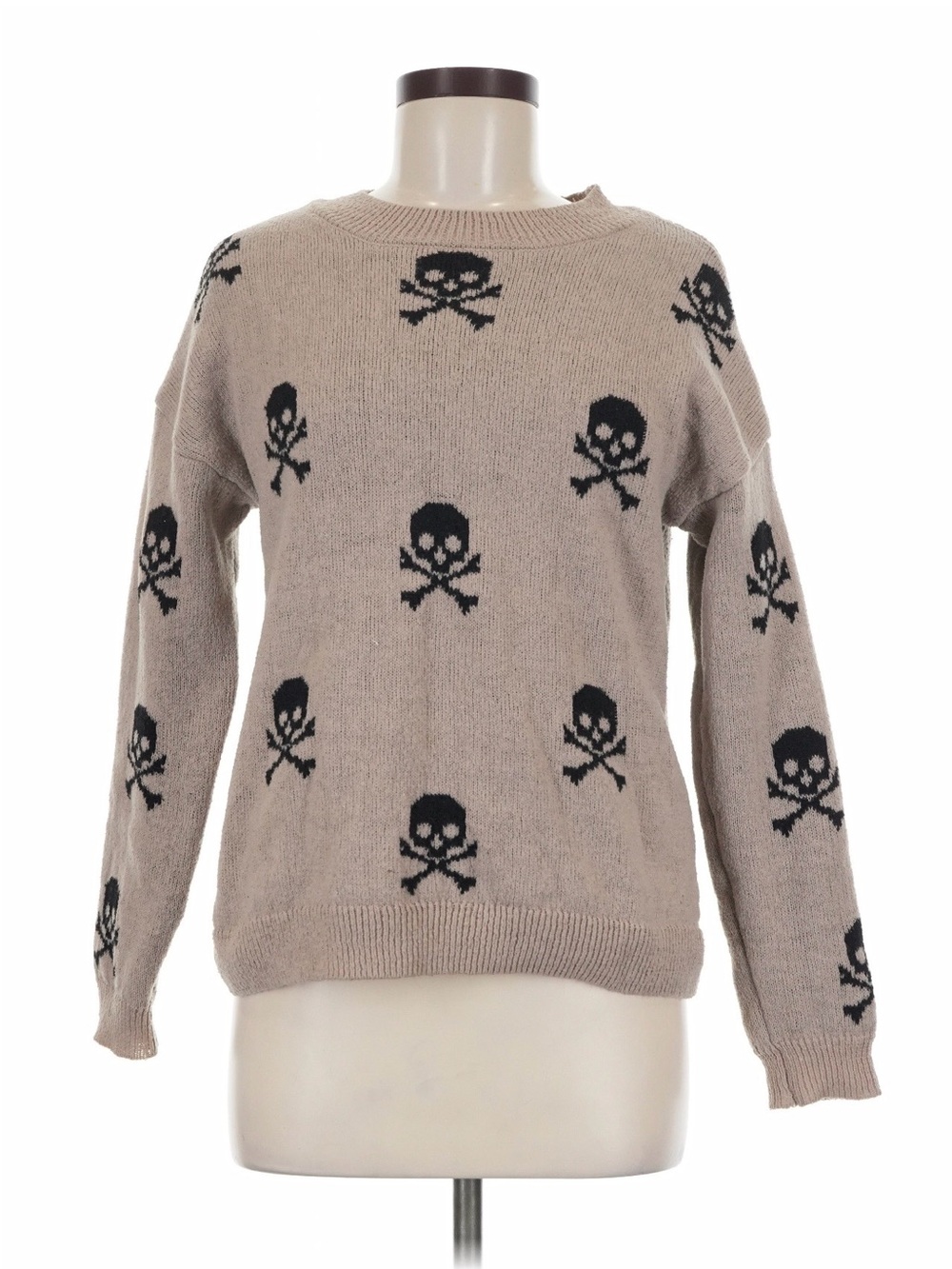 Self Esteem Beige Crewneck Sweater with Black Skull Pattern